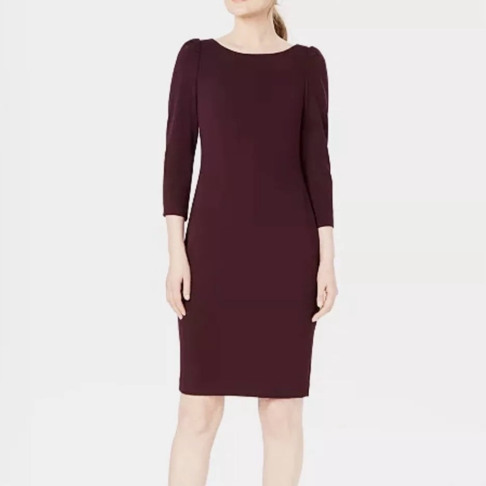 Calvin Klein Long Puff Sleeve Crepe Sheath Dress - Burgundy Purple [Size 4]